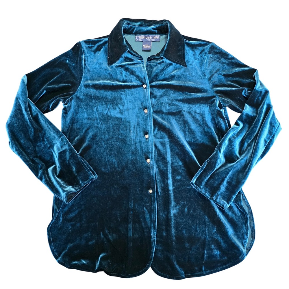 Susan Graver‎ Style Velvet Button Front Blouse Teal Petite Small Y2K Holiday
